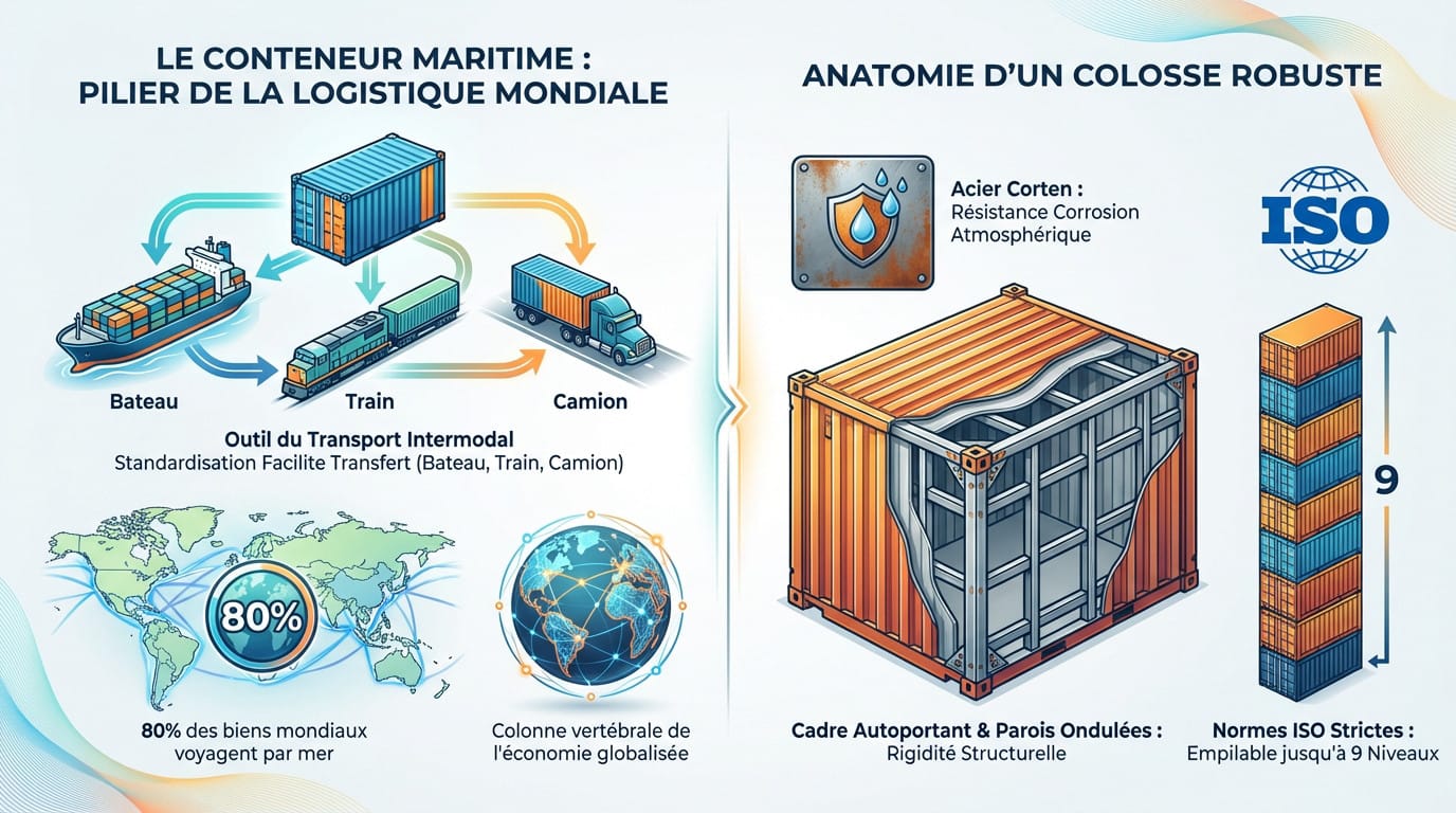 Conteneurs maritimes empilés illustrant la logistique mondiale et la robustesse de l'acier Corten